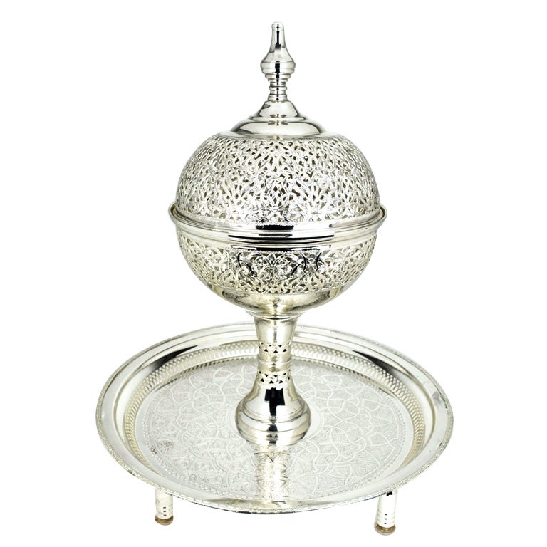 Silverplated Moorish Incense Burner/Brazier with Arabesque Tray For Sale