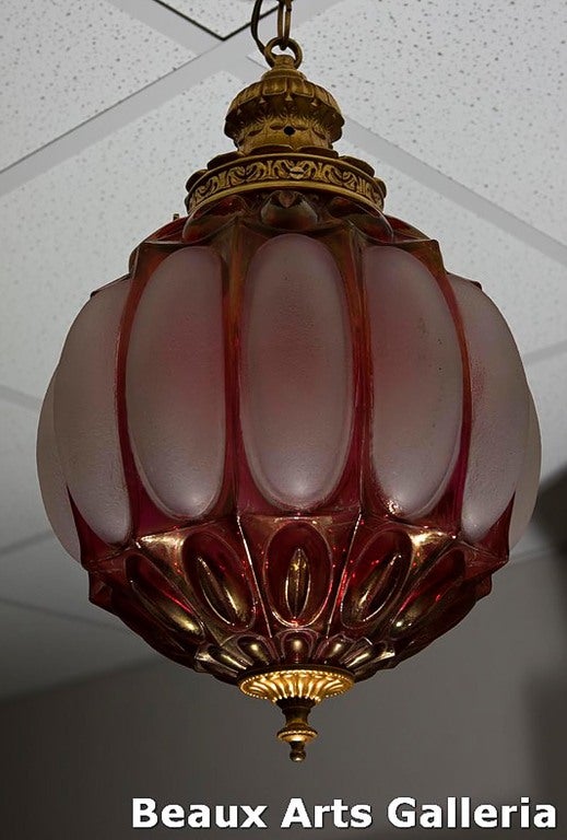 Victorian Balloon-Form Hanging Lantern. Flashed ruby and frosted glass. Gilt metal finial.