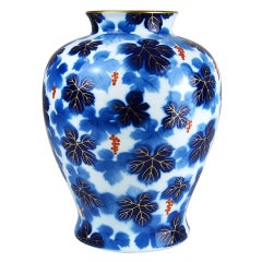 Japanese Porcelain Vase by Fukagawa - Blue & Gilt Leaves