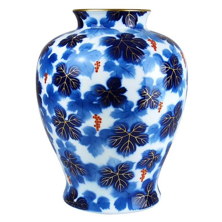 Japanese Porcelain Vase by Fukagawa - Blue & Gilt Leaves For Sale