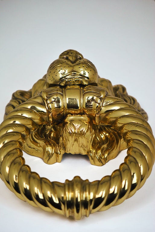 Italian Polished Brass Lion's Head Door Knocker For Sale