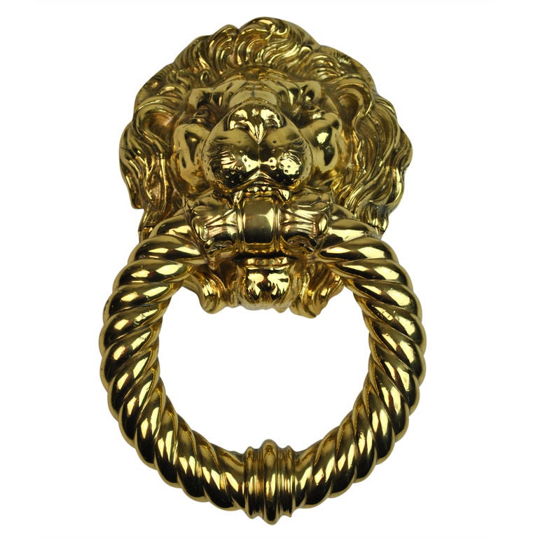 Polished Brass Lion's Head Door Knocker For Sale