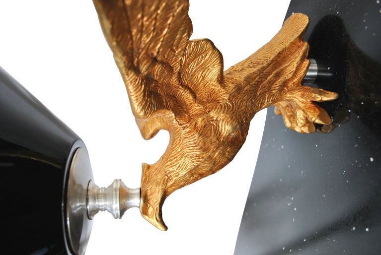 Large Sculptural Goldplated Bronze Falcon Ensemble. Ensemble includes a large embossed and tooled bronze falcon roosting on a perch, signed 