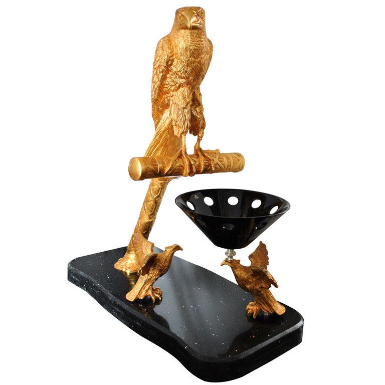 Large Sculptural Goldplated Bronze Falcon Ensemble For Sale