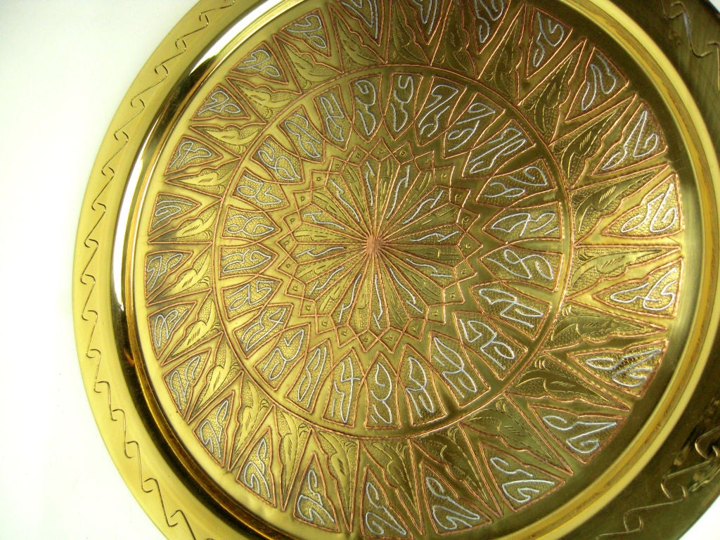 Egyptian Circular Brass Tray in Inlaid Silver and Copper For Sale