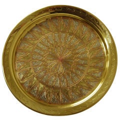Vintage Circular Brass Tray in Inlaid Silver and Copper