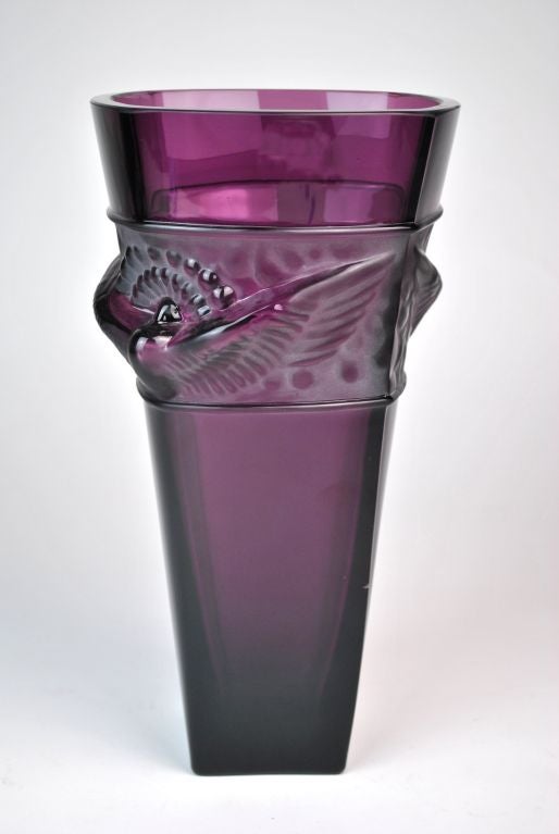 French Art Deco Crystal “Envol” Vase by Portieux. A conical-shaped vase in Portieux’s Améthyste color. Molded art deco-style motifs depicting the wings of Icarus, the tragic Greek mythology character from Ovid’s 