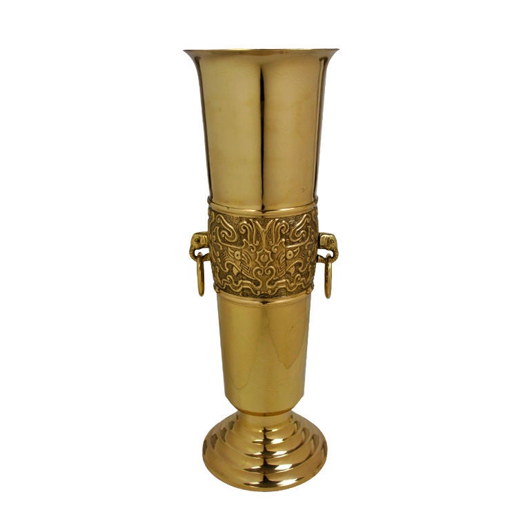 Hammered Brass Vase with Elephant Handles For Sale