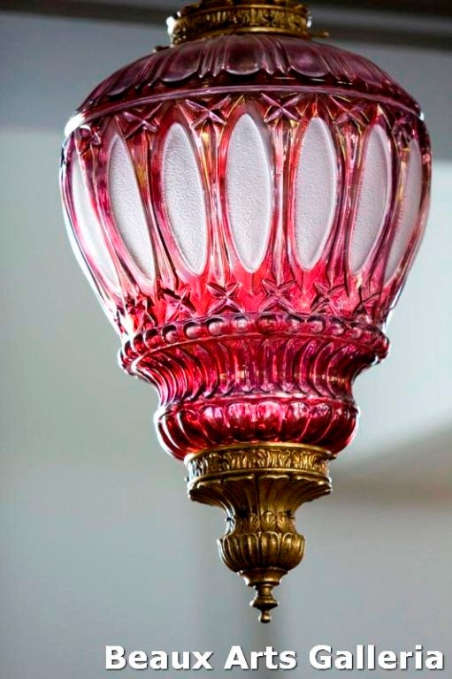 Victorian Montgolfier Balloon Hanging Lantern. In the shape of a Montgolfier hot air balloon. Flashed ruby and frosted glass. Gilt metal finial.