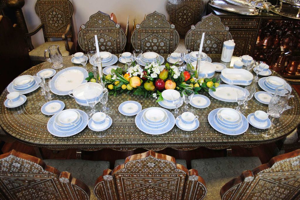 Ninety-Two Piece Japanese Dinner Service by Mikasa: “Touch of Love” Pattern. This 92-piece set consists of 12 place settings plus 8 serving pieces. Each place setting consists of a dinner plate, a soup bowl, a fruit bowl, a dessert plate, a