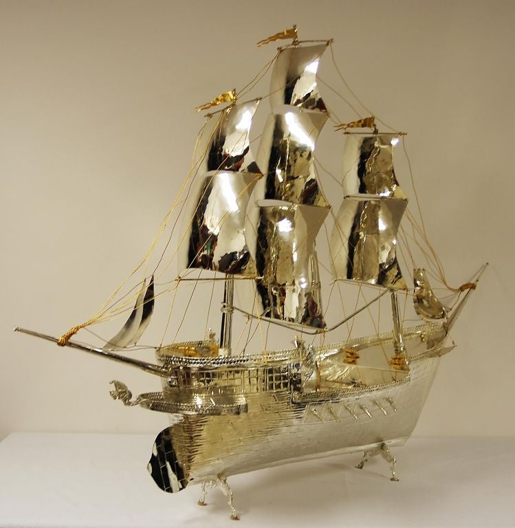 Italian Silverplated Replica of 18th C Spanish Galleon For Sale