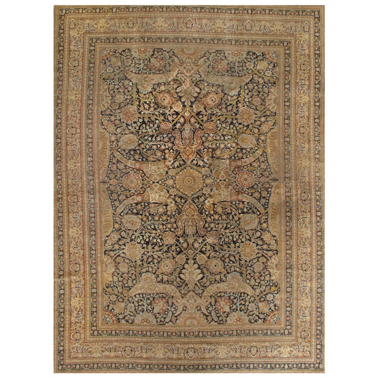 Antique Coral and Blue Persian Tabriz Rug For Sale at 1stdibs