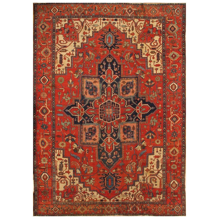 Antique Red and Blue Persian Serapi Carpet For Sale at 1stDibs