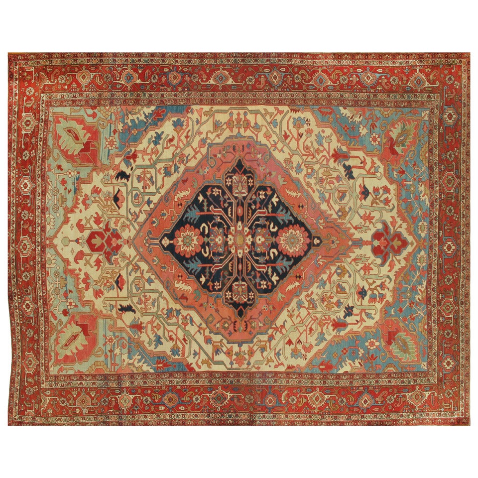 19th Century Antique Persian Serapi Handmade Wool Rug