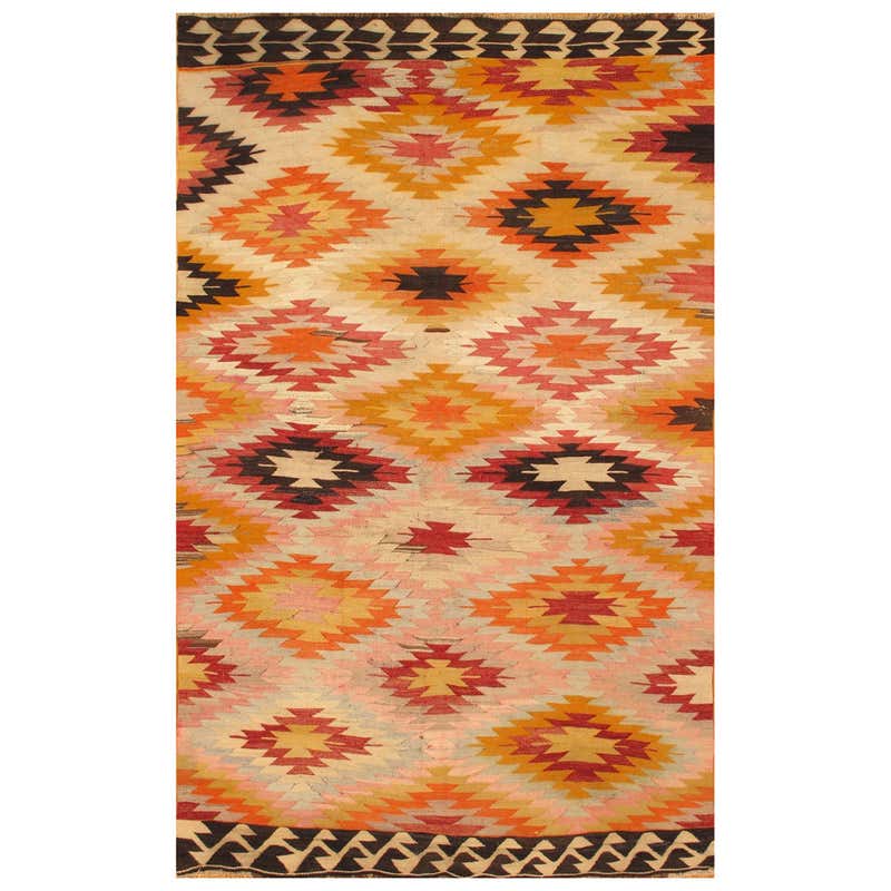 Modern Turkish Patch Kilim Rug with Colored Tiles on Ivory Field For ...