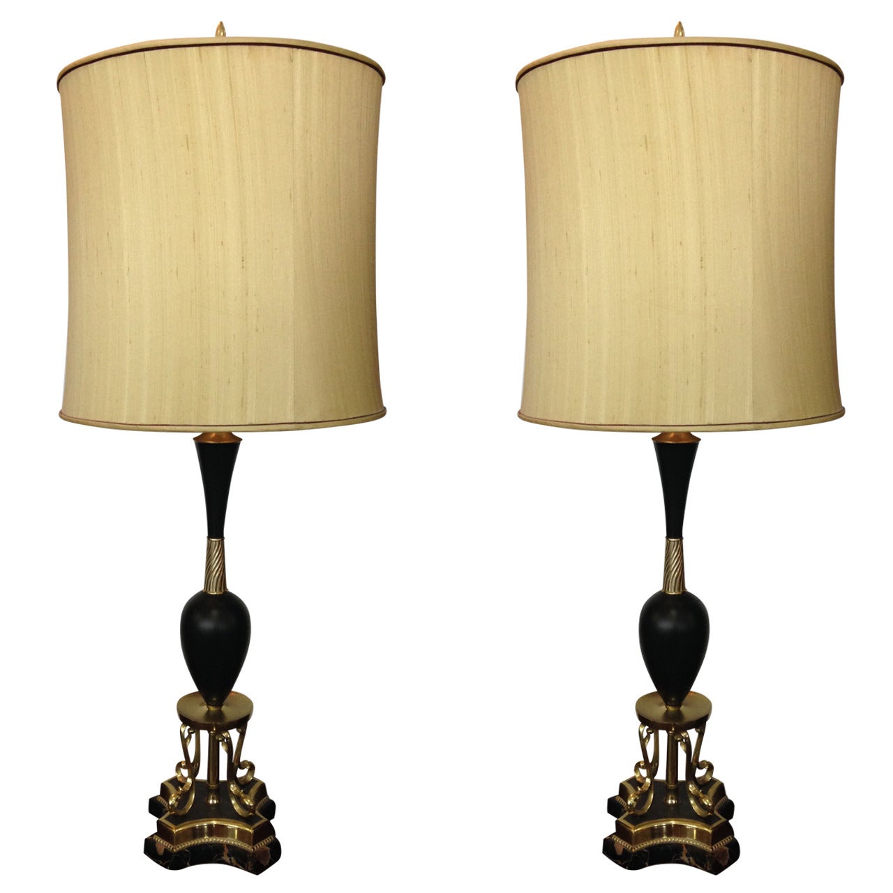 Pair of Hollywood Regency Brass and Black Marble Rembrandt Table Lamps