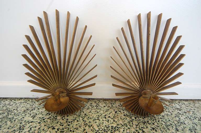 Pair Mid-Century Gold Metal Starburst Candleholders In Excellent Condition In St. Louis, MO