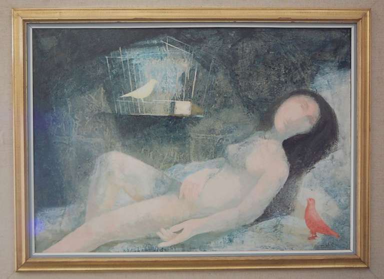 1960s abstract painting by European artist Ramon Llovet. Fantastic work in large format measuring. Features a nude woman in a dark room with a bird and birdcage in the background. No damage to the painting, but the frame has some moisture damage on