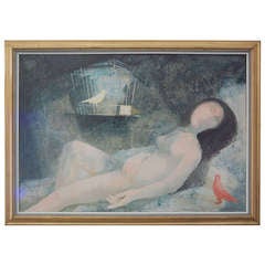 Nude with Birdcage Original Oil Painting by Ramon Llovet