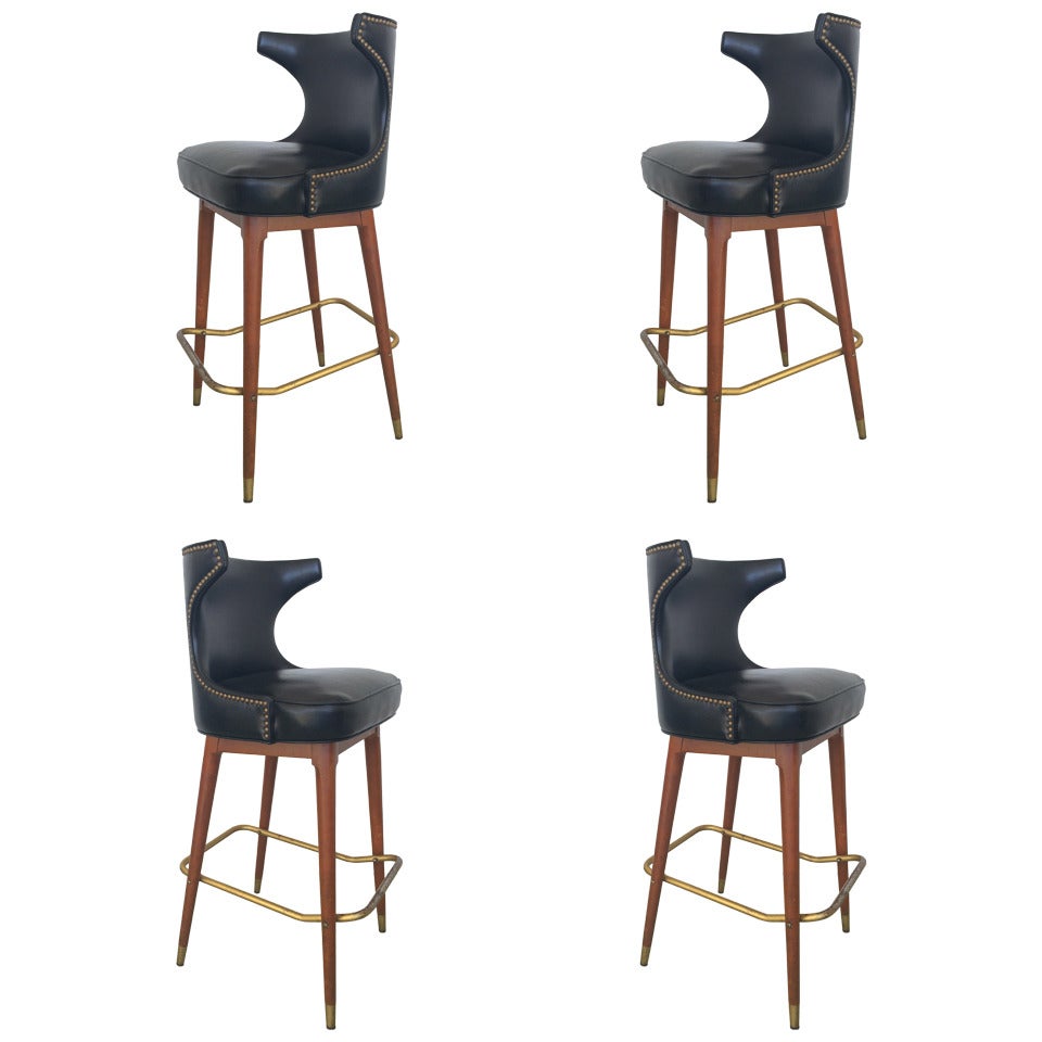 Four MidCentury Black Leather Bar Stools at 1stDibs