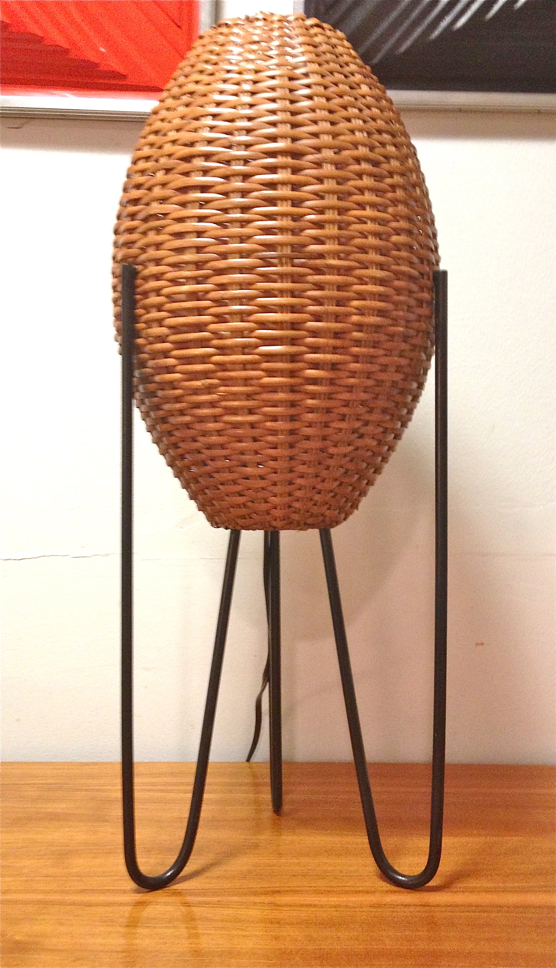 Mid-Century Tripod Hairpin Table Lamp with Rattan Shades 