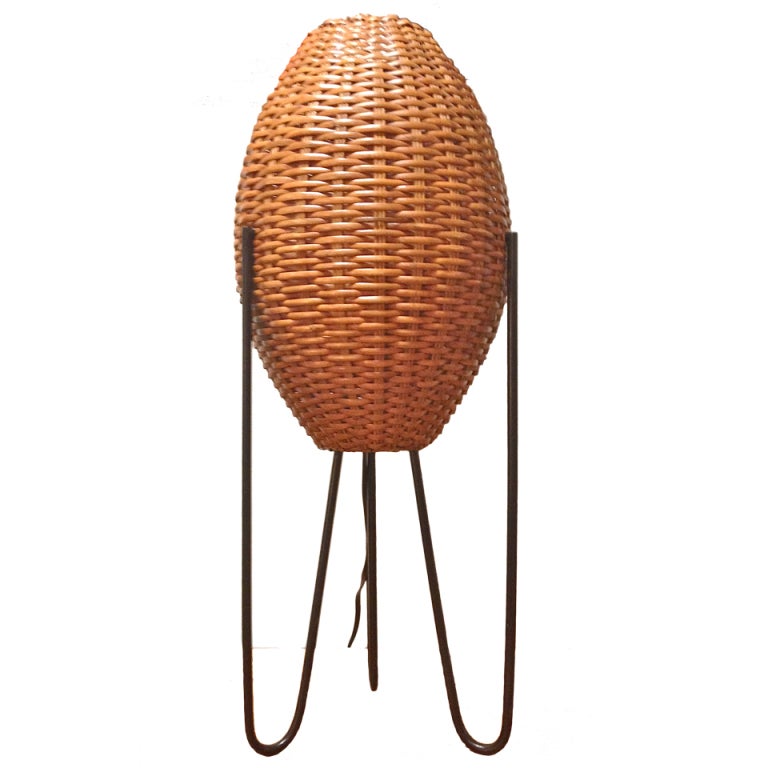 MidCentury Tripod Hairpin Table Lamp with Rattan Shades at 1stDibs