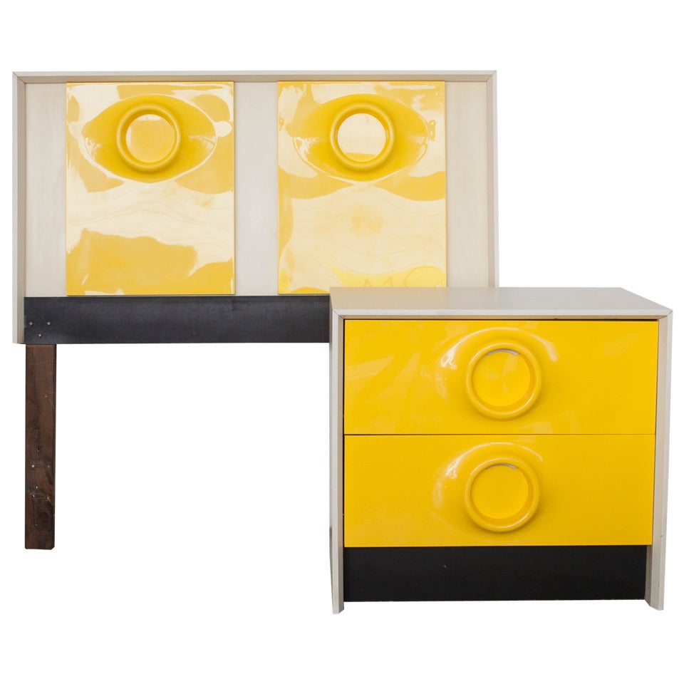 Mid-Century Mod Raymond Loewy Style Yellow Dresser Table and Bed
