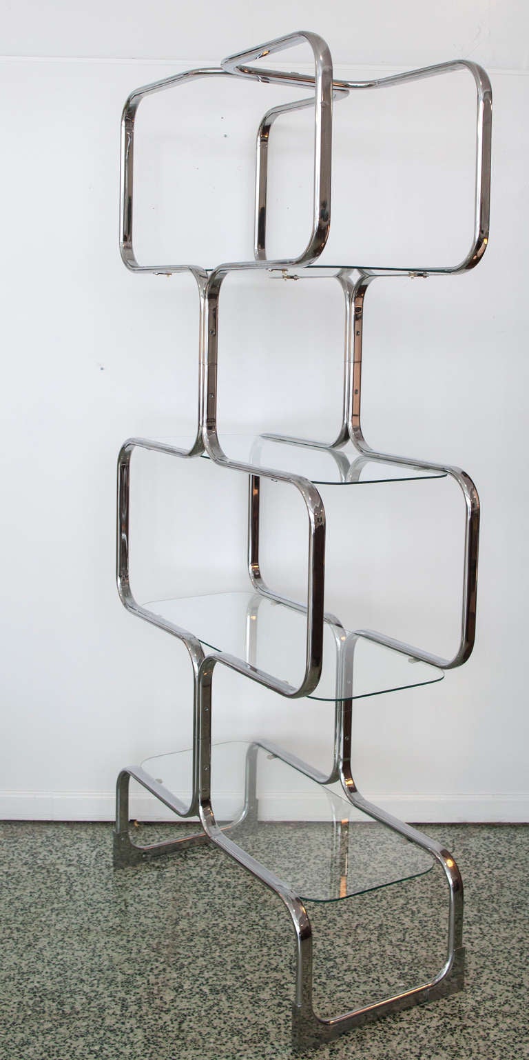 Mid-Century Modern Pair of Italian Tricom Chromed Steel & Glass Four Shelf Etageres Mid-Century
