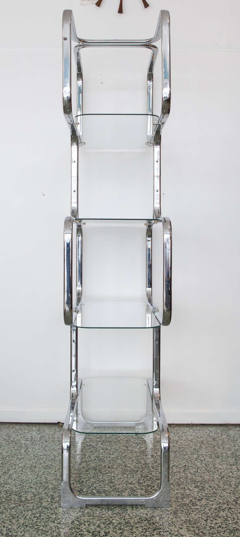 Pair of Italian Tricom Chromed Steel & Glass Four Shelf Etageres Mid-Century In Excellent Condition In St. Louis, MO