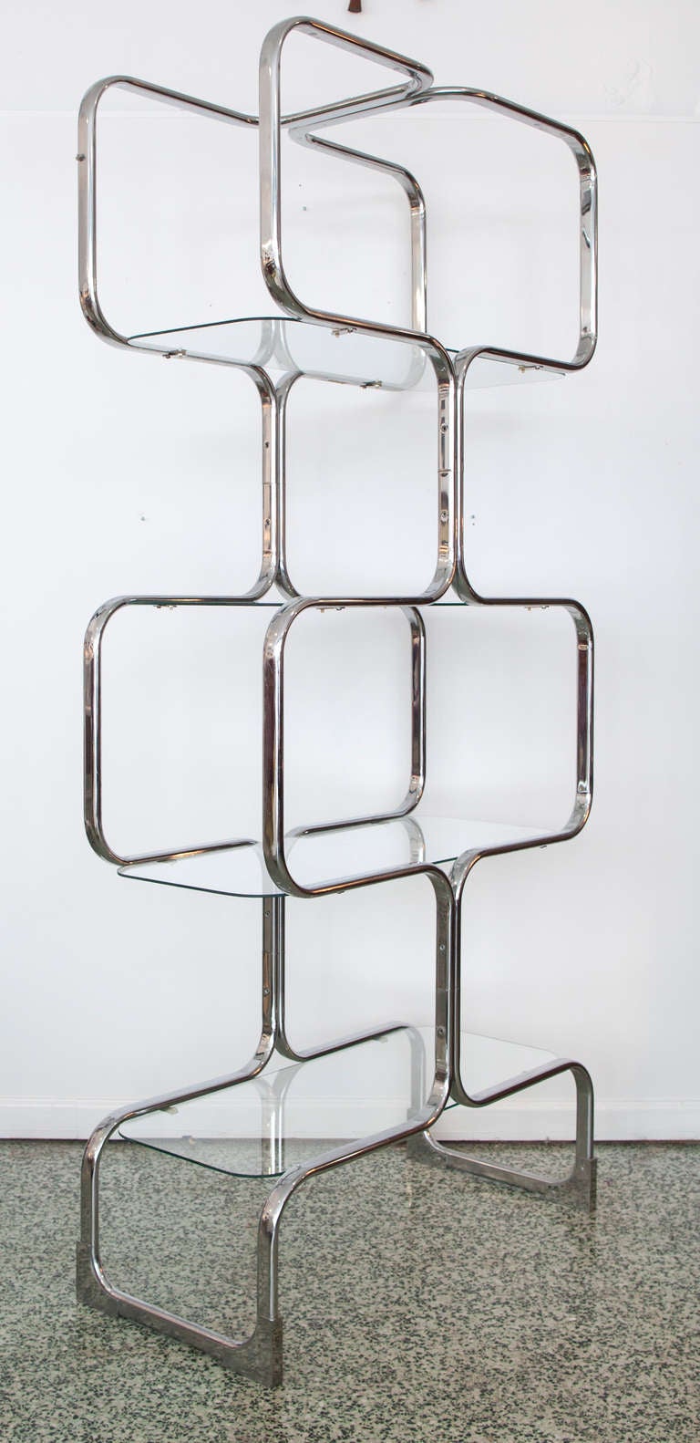 Late 20th Century Pair of Italian Tricom Chromed Steel & Glass Four Shelf Etageres Mid-Century
