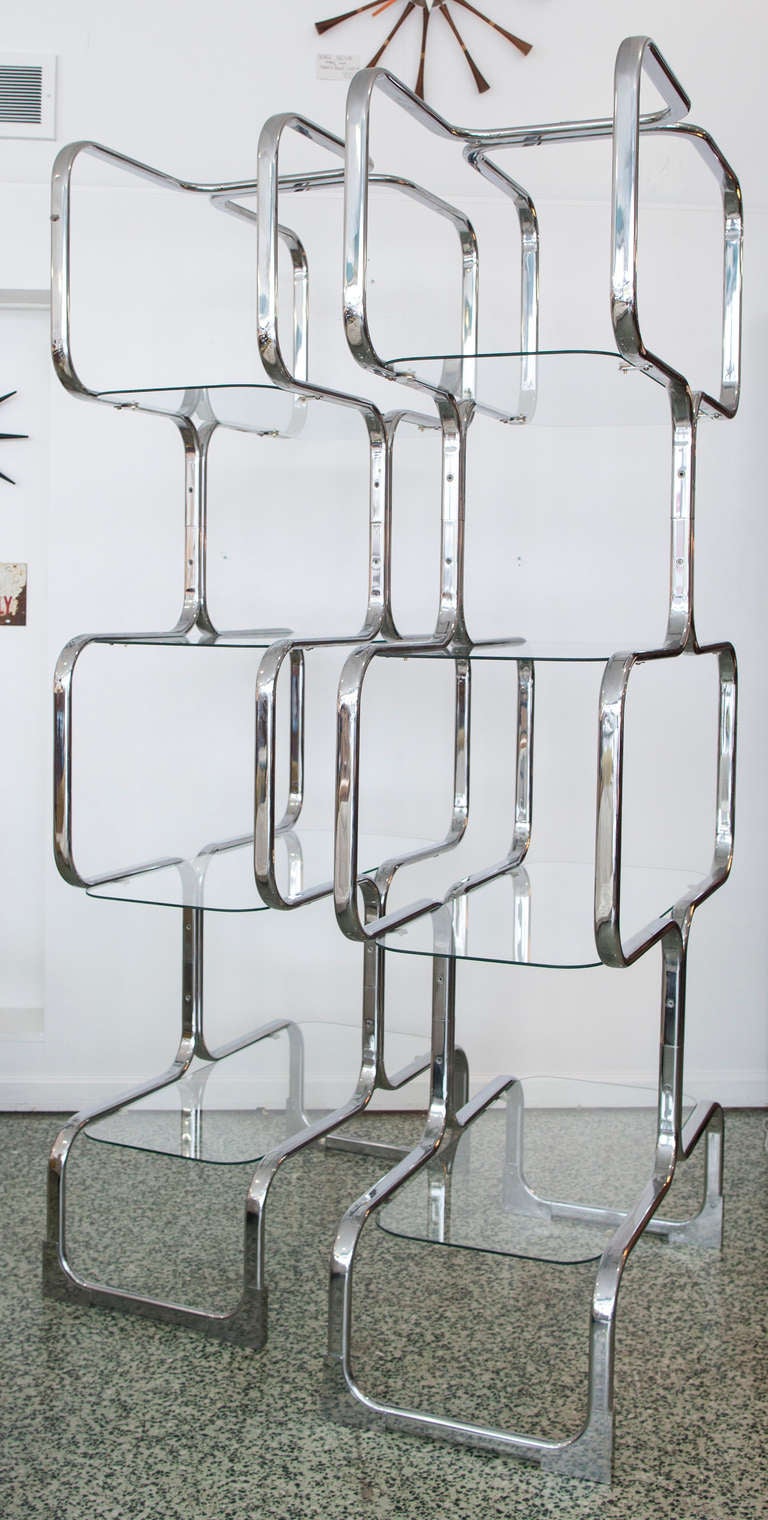 Pair of Italian Tricom Chromed Steel & Glass Four Shelf Etageres Mid-Century 1