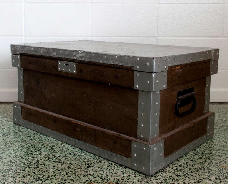 Industrial Vintage Metal and Wood Trunk Table In Excellent Condition In St. Louis, MO