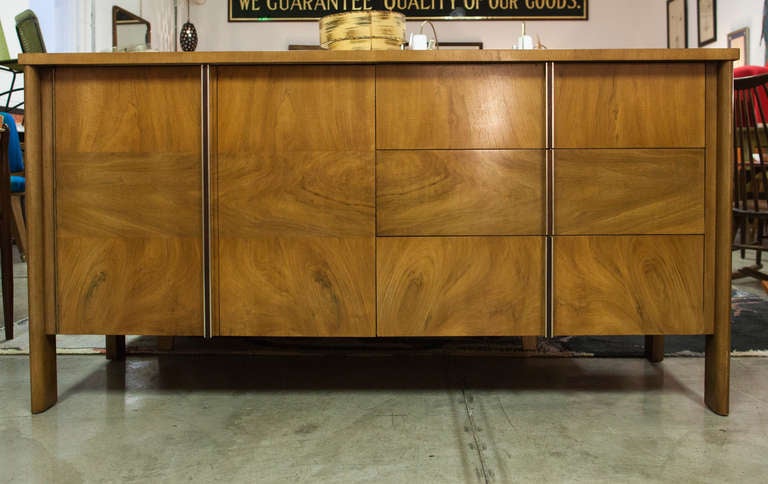 Beautiful two-piece credenza by John Widdicomb. The cane front doors and open back of the upper piece create depth and add color. Can be used as credenza or buffet. From designer Dale Ford's contribution to Widdicomb's Mid-Century Modern