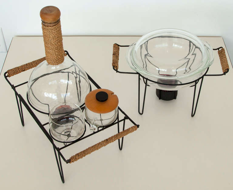 Ben Seibel coffee set for Tempron Taste Tempters for Gilley with original sea-grass handles and cassarole holer.