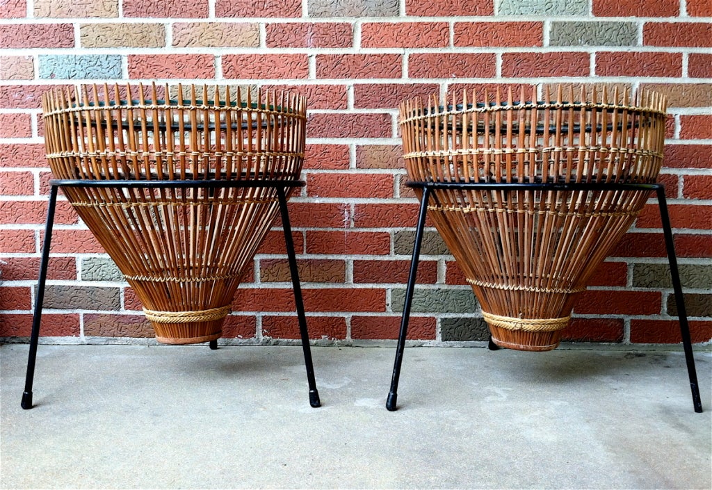 American Pair  Mid-Century Wicker + Glass Drum Tables Umanoff Attributed