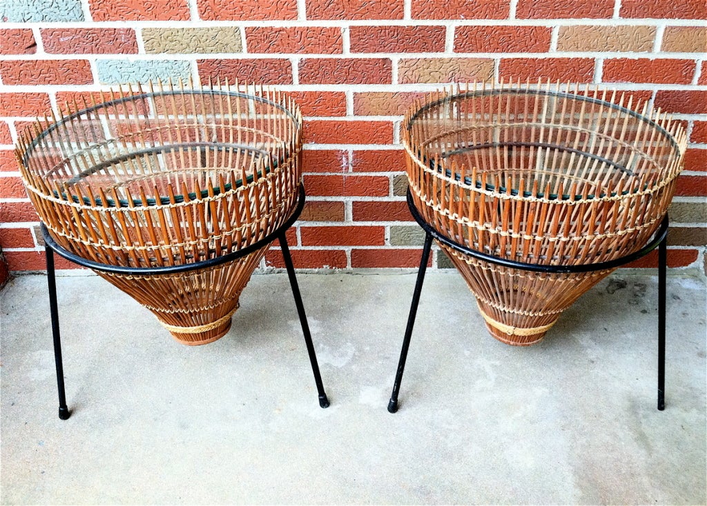 Mid-20th Century Pair  Mid-Century Wicker + Glass Drum Tables Umanoff Attributed