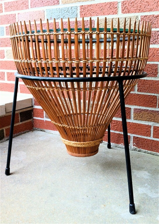 Pair  Mid-Century Wicker + Glass Drum Tables Umanoff Attributed 4
