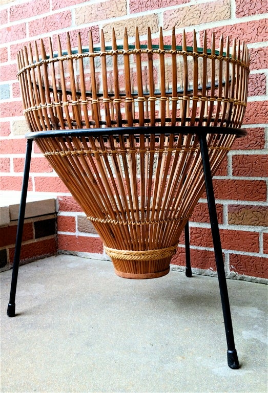 Pair  Mid-Century Wicker + Glass Drum Tables Umanoff Attributed 5