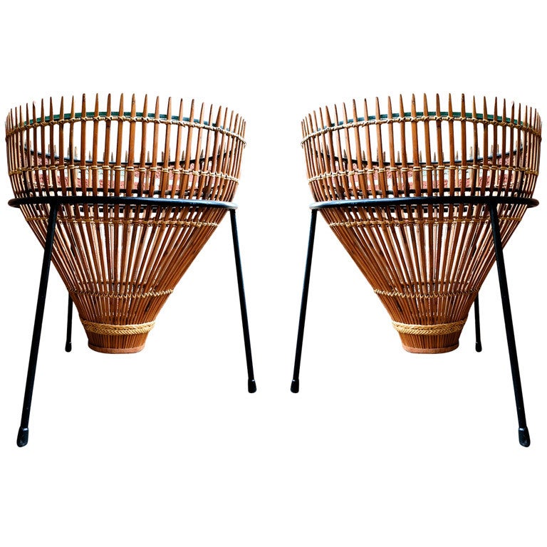 Pair  Mid-Century Wicker + Glass Drum Tables Umanoff Attributed