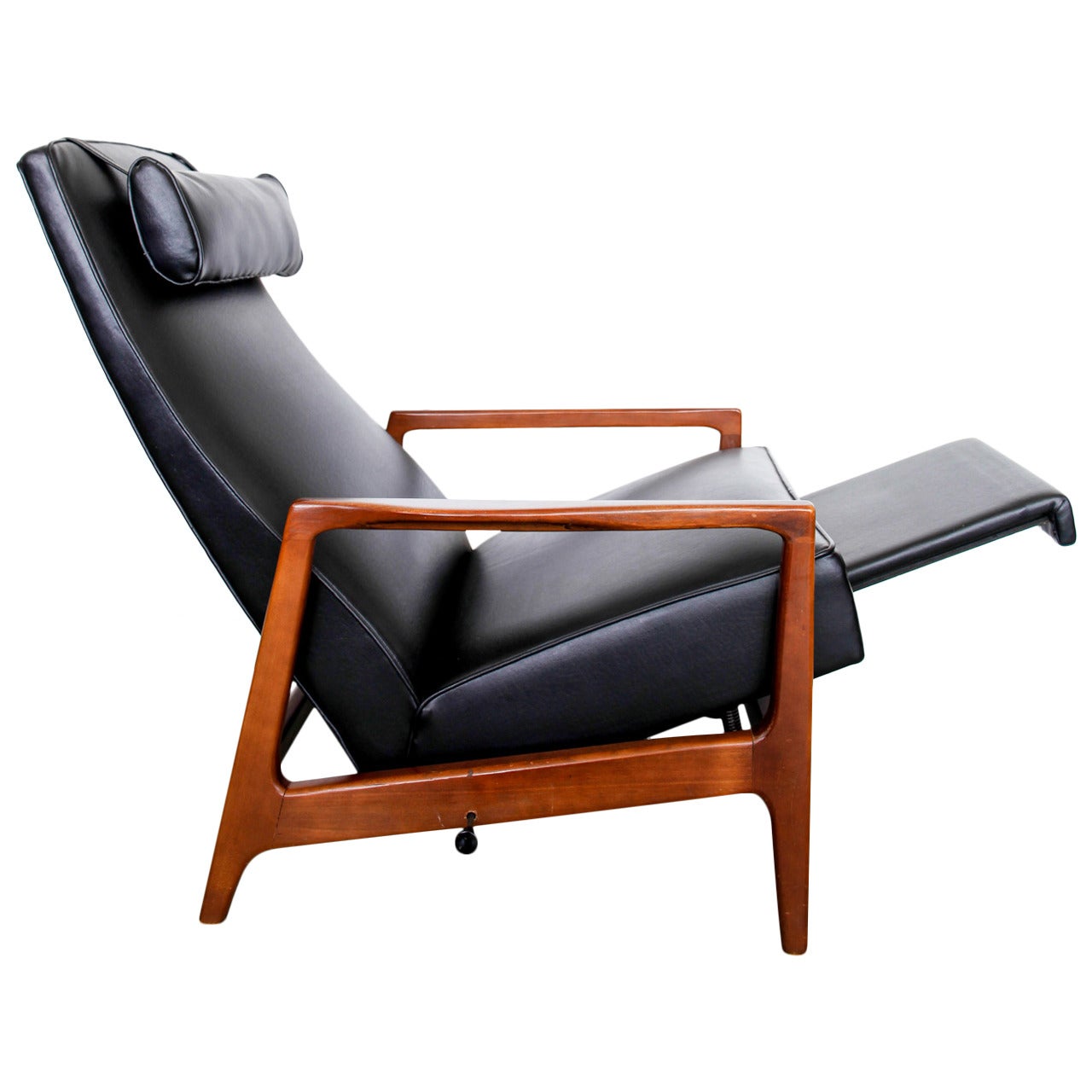 Stunning Leather Black Mid-Century Reclining Danish Lounge Chair