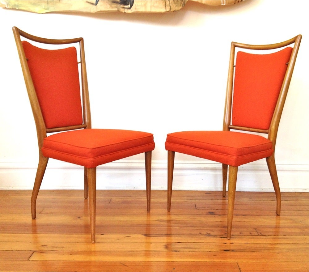 Set of 6 John Widdicomb dining chairs. Original orange upholstery.  2 arm chairs and 4 side chairs.