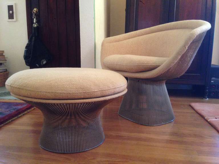 Chrome frame Warren Platner lounge chair with Ottoman. Designed for Knoll. Original Knoll tweed upholstery. Original tags.
Side table is also available. 

Ottoman measures; 
16
