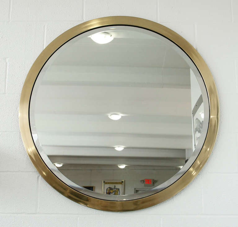 Large MidCentury Round Beveled Mirror in Brass at 1stDibs