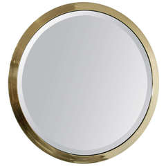 Large Mid-Century Round Beveled Mirror in Brass