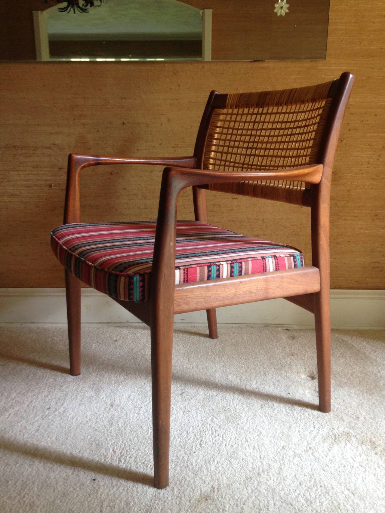 Eight Walnut Dining Danish Modern Caned Back Chairs by DUX In Excellent Condition For Sale In St. Louis, MO