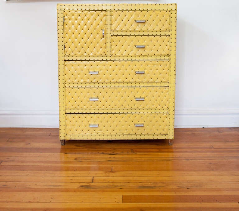 Canary Yellow Tufted Wardrobe Chest In Good Condition In St. Louis, MO