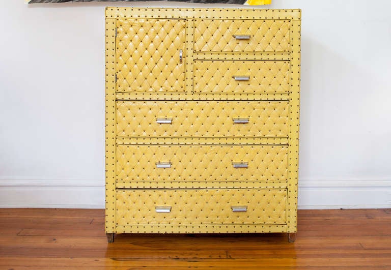 Mid-Century Modern Canary Yellow Tufted Wardrobe Chest