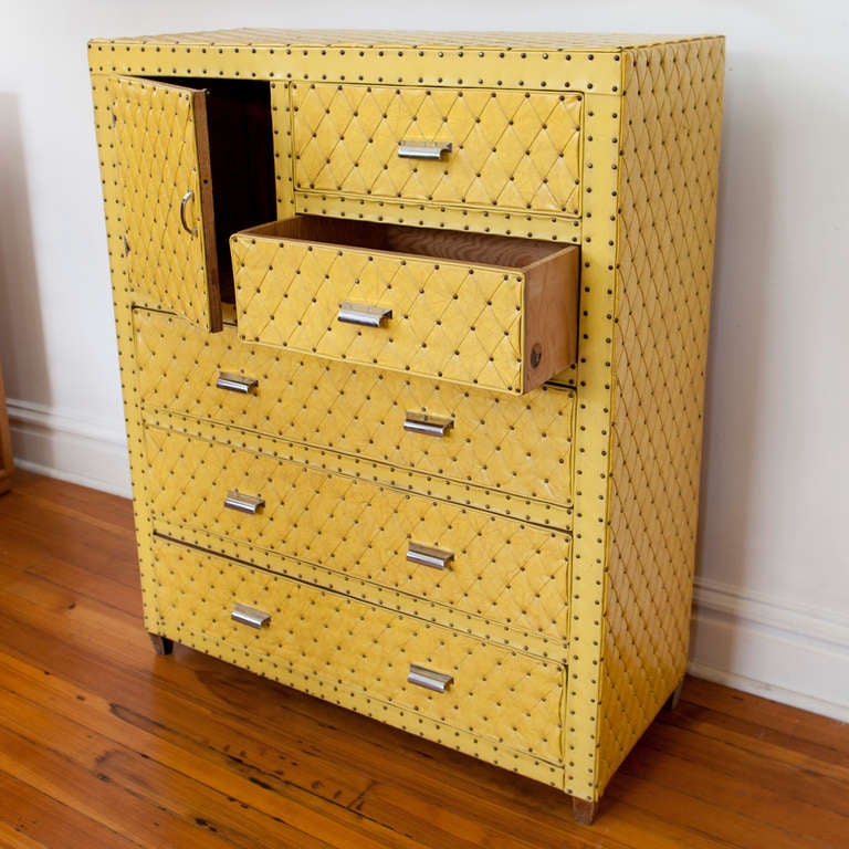 Mid-20th Century Canary Yellow Tufted Wardrobe Chest