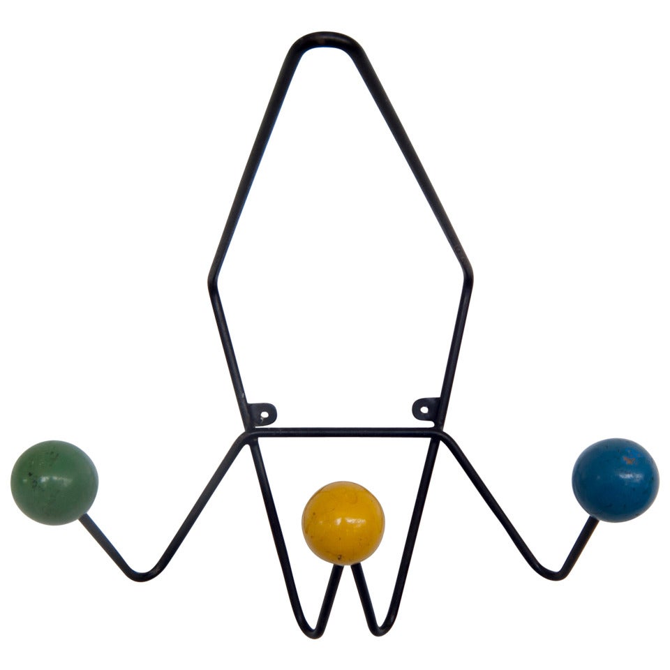 French Mid Century Modern Iron and Wood Coat Rack/Hall/Wall Tree