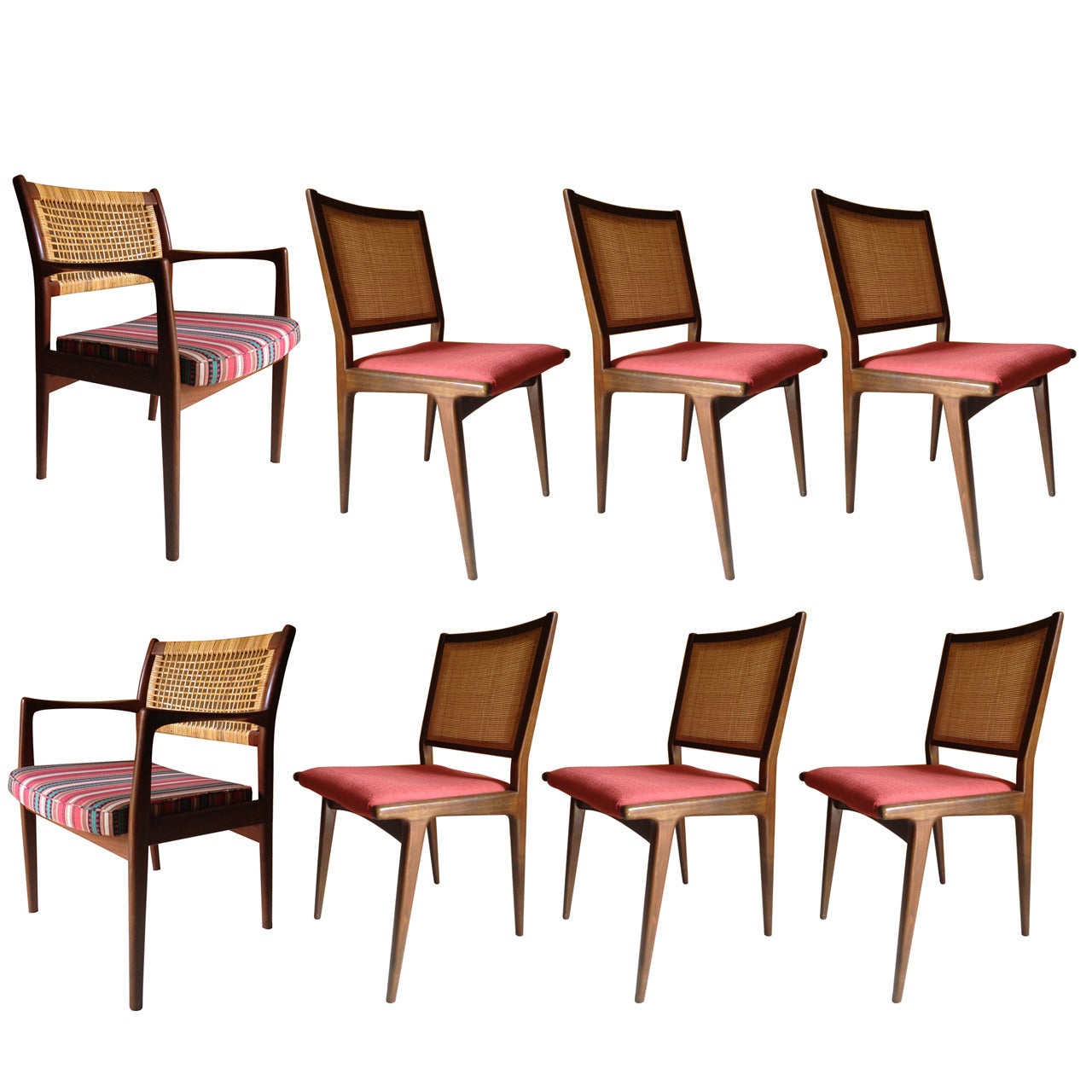 Eight Walnut Dining Danish Modern Caned Back Chairs by DUX For Sale